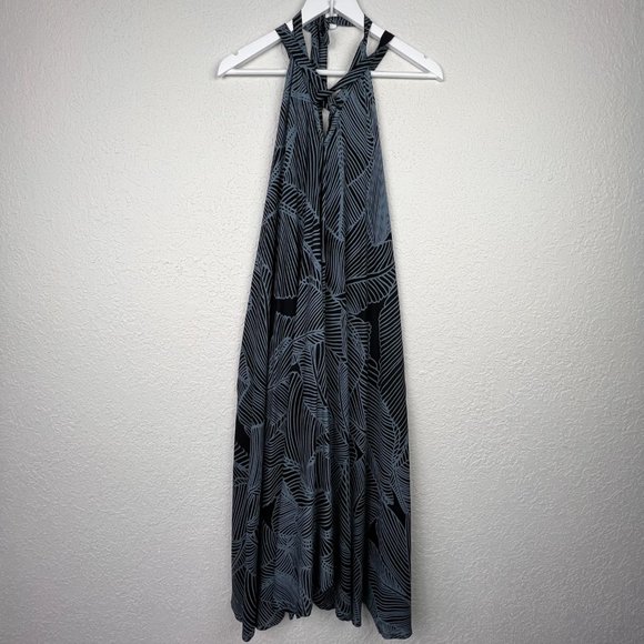 BOHO Womens Black White Long Maxi Striped Print Tie Halter Neck Dress - Picture 2 of 8